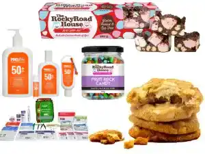 images shows selection of fundraising products including cookie dough sunscreen rocky road and first aid