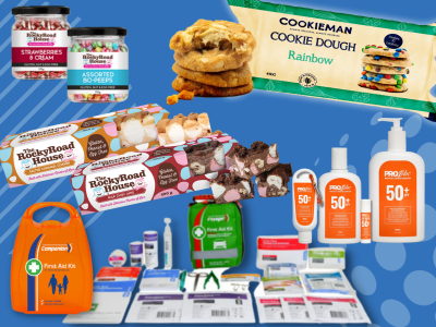 image shows the range of product drive fundraisers including cookie dough rocky road suscreen first aid
